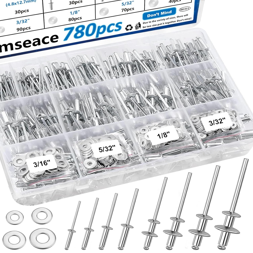 smseace 780Pcs Pop Rivets with Washer Assortment Kit 14-Sizes SAE (3/32 inch1/8 inch5/32 inch3/16 inch1/4 inch) Assorted Blind Rivets for Metal,Furniture,Automotive,Instrument
