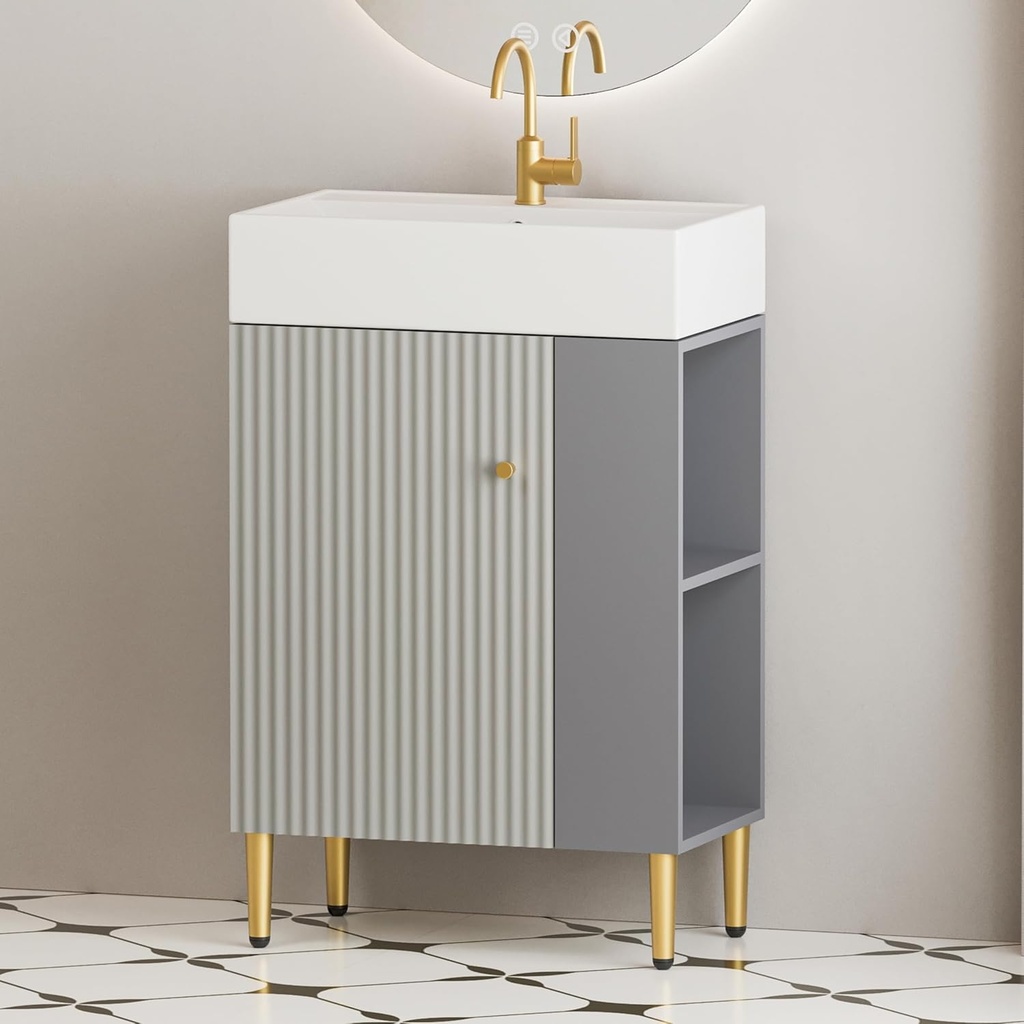 21.6" Open Shelving Bathroom Vanity with Ceramic Sink and Soft-Close Doors,Side with Closet Open Shelving Storage,Bathroom Cabinet for Small Space (Freestanding-Right Storage-Grey)