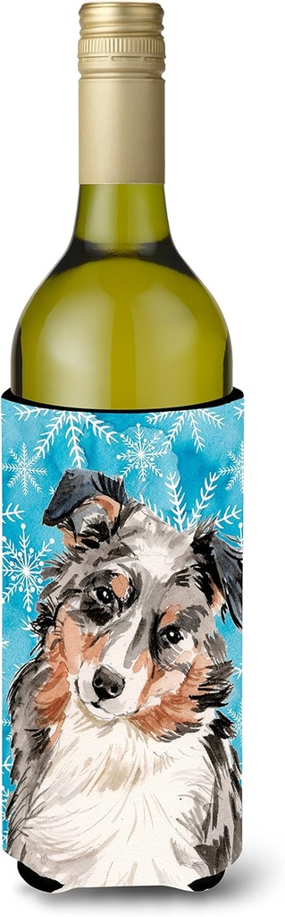 Caroline's Treasures BB9432LITERK Australian Shepherd Winter Wine Bottle Hugger Bottle Cooler Sleeve Hugger Machine Washable Collapsible Insulator Beverage Insulated Holder