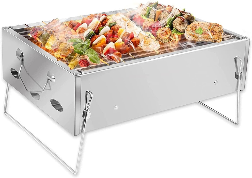 Grill Outdoor Small Charcoal Barbecue Grill, Stainless Steel Portable Folding Grill with Net Tongs, Desk Tabletop Smoker, for 2-5 People, 36 x 26 x 17 cm for Home Outdo