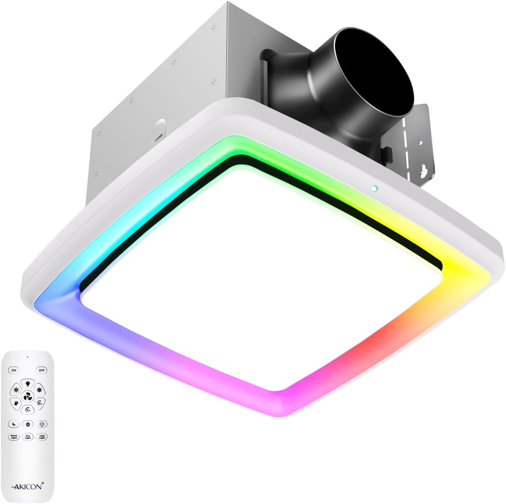 Akicon Bathroom Exhaust Fan with RGB Light, 110 CFM 1.5 Sones Bathroom Vent Fan with Humidity Sensor & Dimmable 3CCT LED Light 3000K/4000K/5000K, Square, White