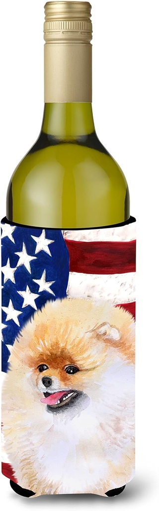 Caroline's Treasures BB9682LITERK Pomeranian Patriotic Wine Bottle Hugger Bottle Cooler Sleeve Hugger Machine Washable Collapsible Insulator Beverage Insulated Holder