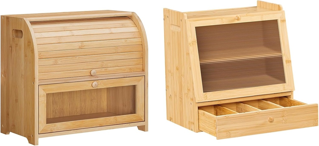 HOOBRO Bread Box Bundle, Natural Bamboo Bread Box for Kitchen Countertop, Bread Bin with 2-Tier Storage and Acrylic Door, for Kitchen, Dining Room, Natural, YL13MB01-YL21MB01