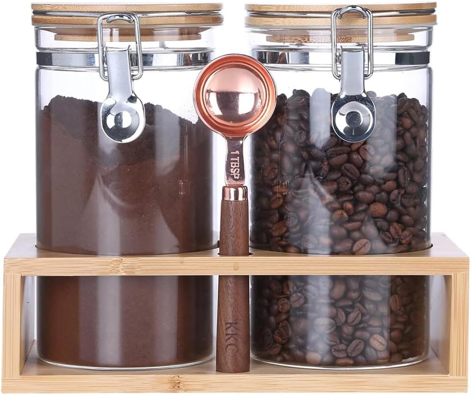 KKC HOME ACCENTS Glass Food Storage Jars with Airtight Locking Clamp Bamboo Lids,Coffee Bean Storage Containers,Sealed Glass Container with Scoop for Coffee Ground,Tea,Nut,Sugar,Coffee Holder