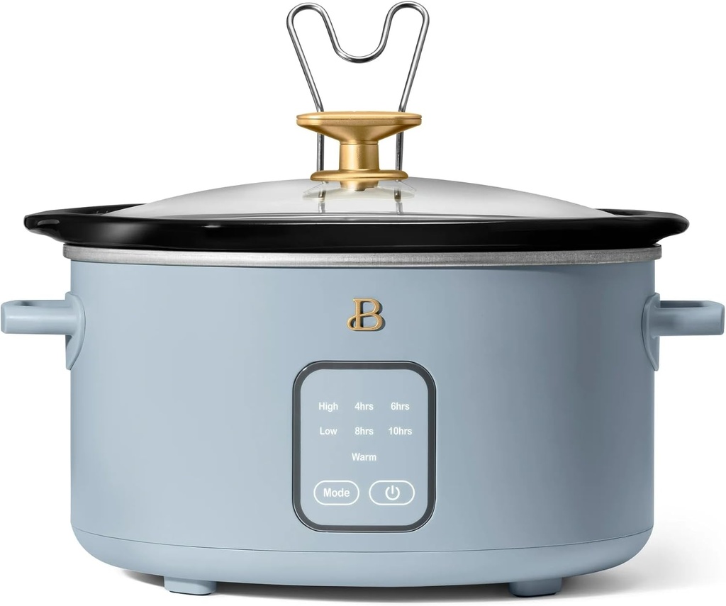Beautiful by Drew Barrymore 4 Quart Programmable Slow Cooker with Touch Display, Removable Stoneware Pot, 4 Cooking Presets, Auto Warm, Lid Holder, Cool-Touch, Dishwasher Safe (Cornflower Blue)