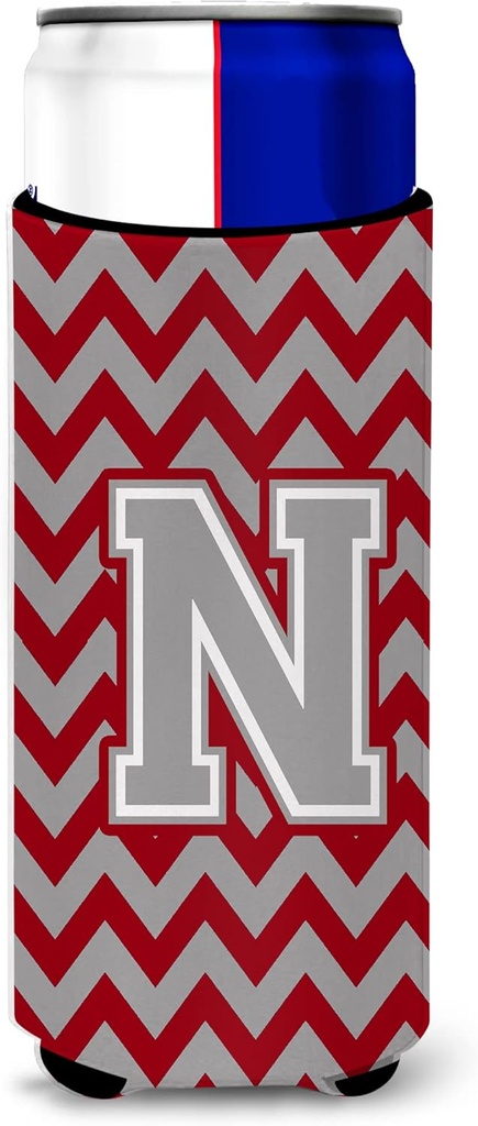 Letter N Chevron Crimson and Grey Ultra Beverage Insulators for slim cans