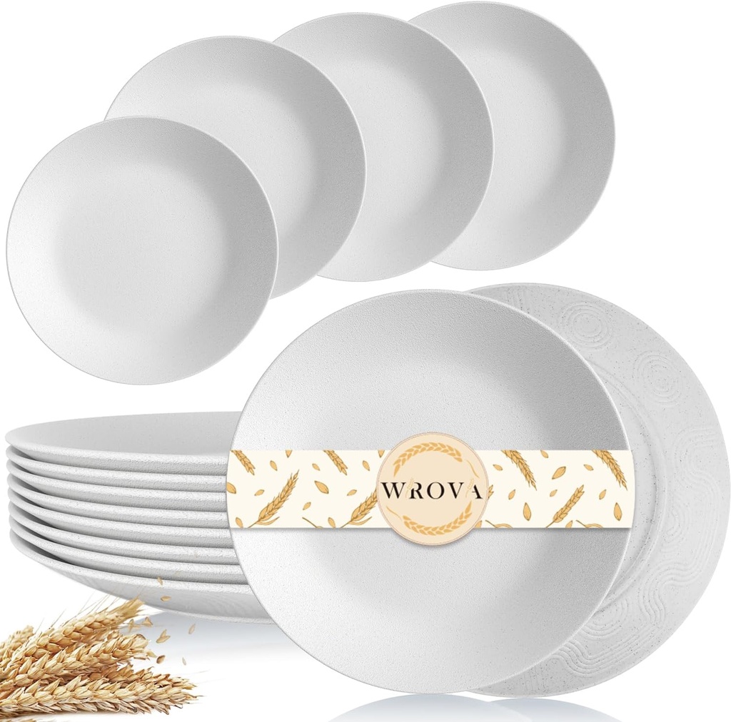 Wrova Wheat Straw Dinner Plates 10 Inch Unbreakable Set of 8 - Dishwasher & Microwave Safe Plastic Plates Reusable - Lightweight Plates for kitchen,camping,picnic,R.V. - White