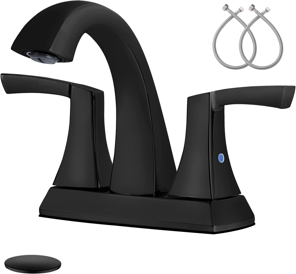 VXV Bathroom Faucet Matte Black, 2 Handles Low Arc Bathroom Sink Faucets, 4 Inch Centerset Bath Lavatory Faucets with Pop-up Drain & Faucet Supply Lines (MB)