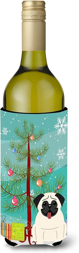Caroline's Treasures BB4129LITERK Merry Christmas Tree Pug Cream Wine Bottle Hugger Bottle Cooler Sleeve Hugger Machine Washable Collapsible Insulator Beverage Insulated Holder