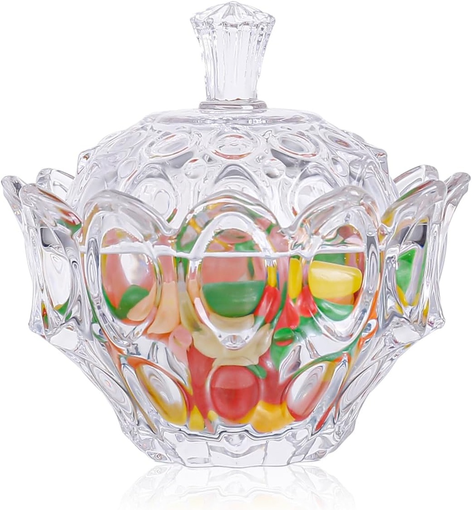 Diamond Star Crystal Glass Candy Jar with Lid, Elegant Apothecary Jewelry Box Cookies Containers for Wedding Party Candy Buffet Kitchen Storage Home Decoration (Small Lotus, 4.5" H X 4.5" W)