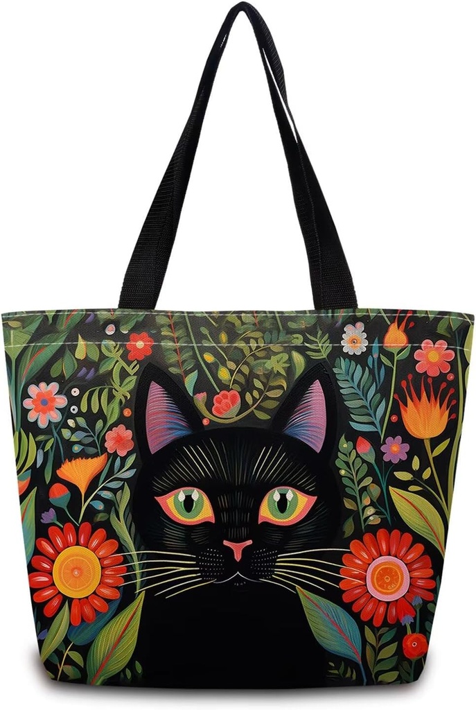 Mexican Folk Art Tote Bag Reusable Grocery Bags Cute Aesthetic Shopping Shoulder Handbag with Interior Zipper Pocket Lightweight & Washable Stylish Black Cat Present for Women