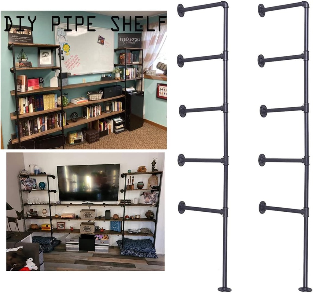Industrial Wall Mount Iron Pipe Shelf Bracket,Vintage Retro Black DIY Open Bookshelf, Storage Shelves, Ceiling hung Shelves for Home Kitchen Office(2PcsX5Tier,70" Tall,12"deep,Hardware Only)