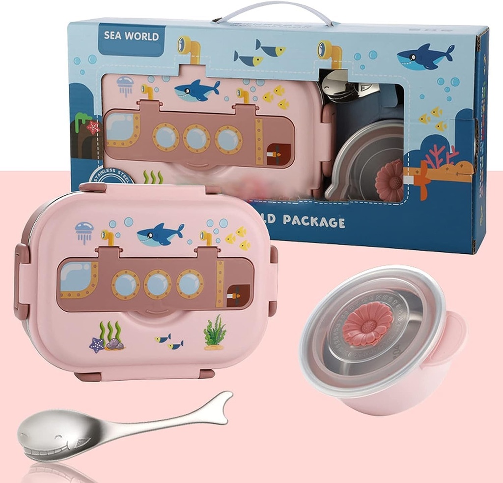 LIZEALUCKY Bento Lunch Boxes, 3 Compartment Bento Lunch Box, Stainless Steel Sealed and Insulated Lunch Box Leak Proof Fall Resistant Cute Cartoon Food Box 2 Lid for Adults(pink)