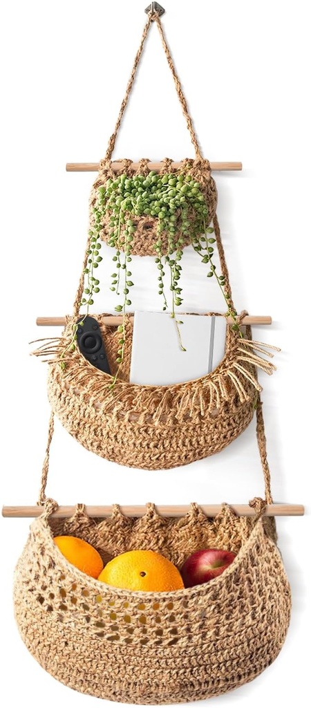 Hanging Fruit Basket, Handmade 3-Tier Jute Woven Wall Basket, BOHO Kitchen Wall Decor for Organizing, Storage Basket for Kitchen Living & Bathroom Bedroom