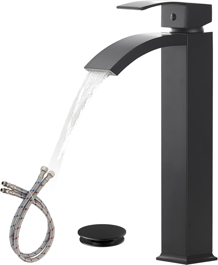 Matte Black Bathroom Vessel Sink Faucet, Waterfall Bathroom Faucets, Tall Spout Single Handle Single Hole Bathroom Faucets with Pop Up Drain and Without Overflow Basin Faucet Supply Line
