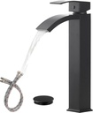 Matte Black Bathroom Vessel Sink Faucet, Waterfall Bathroom Faucets, Tall Spout Single Handle Single Hole Bathroom Faucets with Pop Up Drain and Without Overflow Basin Faucet Supply Line