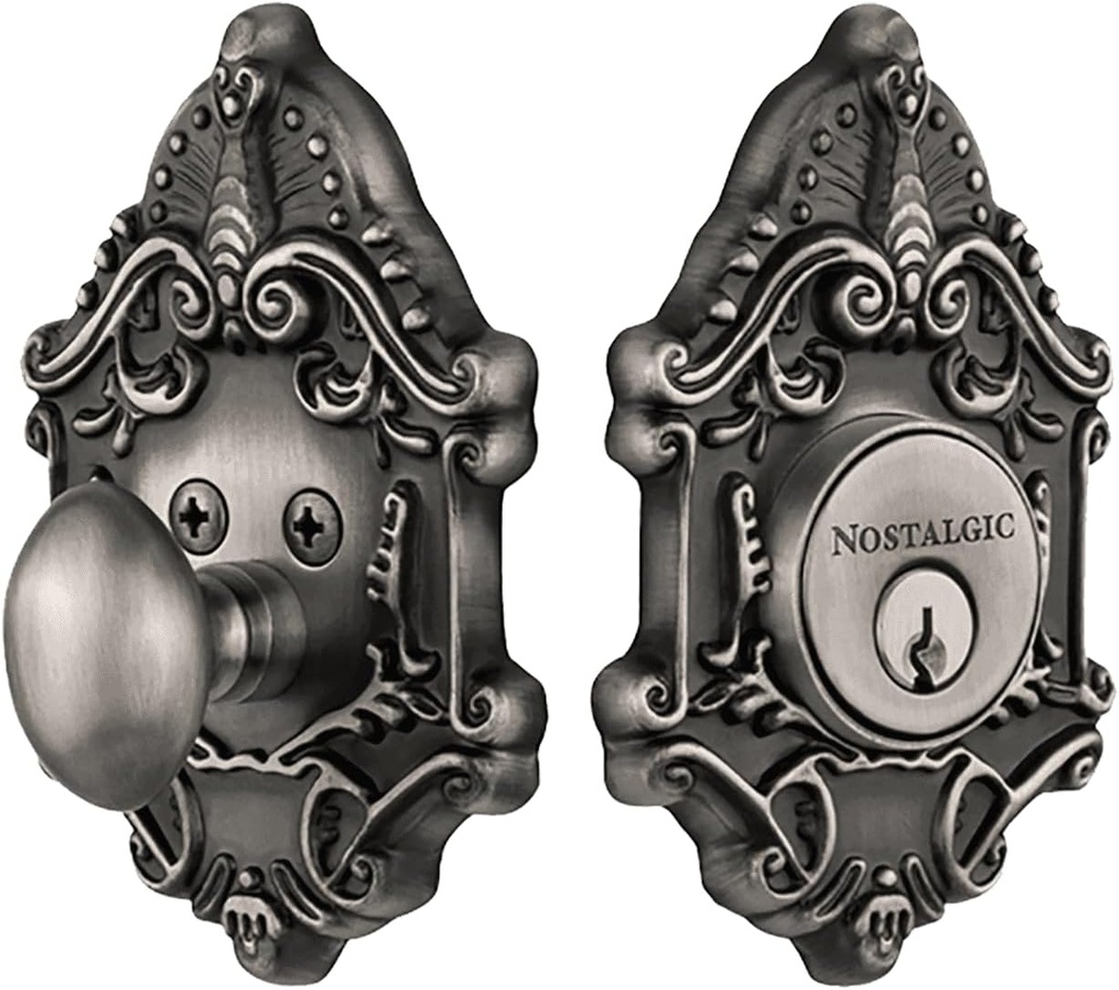 Nostalgic Warehouse 726057 Victorian Plate Single Cylinder Deadbolt Victorian Door Knob in Antique Pewter,