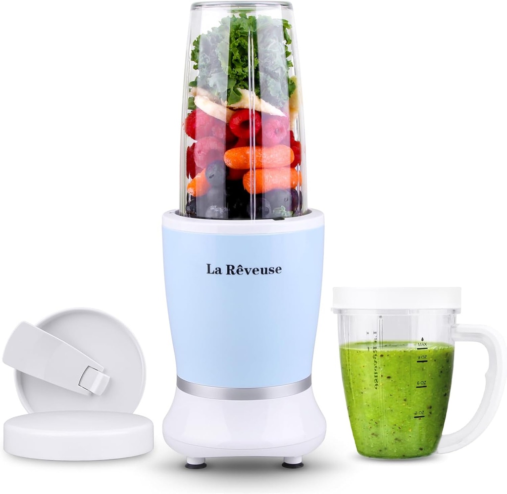 La Reveuse Personal Size Blender 250 Watts Power for Shakes Smoothies Seasonings Sauces with 1 Piece 15 oz Cup,1 Piece 10 oz Mug,BPA-Free (Sky Blue)