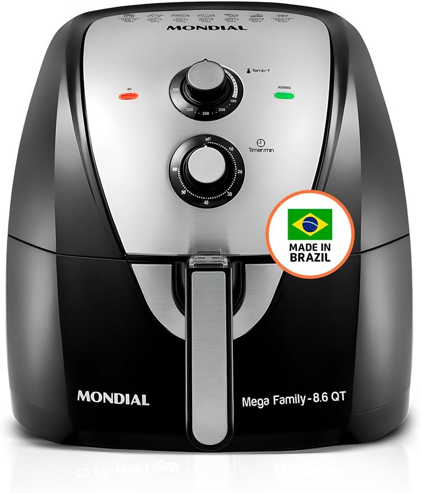 MONDIAL Air Fryer - 8.6 Quart Extra-Large Air Fryer, 2 Simple Dial Controls, 1800 Watts - Quick Heat Circulation Technology, Low Fat Cooking Less Calories - Removable Squared Basket - Black