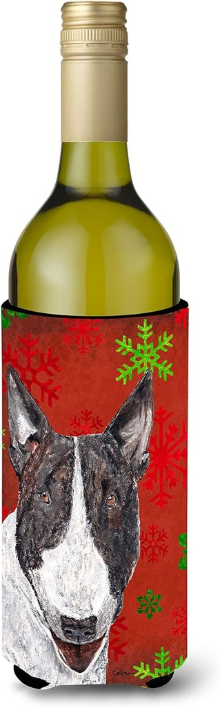 Caroline's Treasures SC9589LITERK Bull Terrier Red Snowflakes Holiday Wine Bottle Hugger Bottle Cooler Sleeve Hugger Machine Washable Collapsible Insulator Beverage Insulated Holder