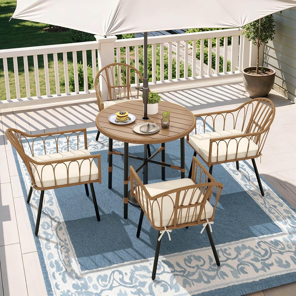 YITAHOME 5 Pieces Patio Dining Table Chair Set, Outdoor Table and Chairs with Umbrella Hole, Patio Furniture Set Outdoor Rattan Dining Table Set for Patio, Backyard, Balcony, Garden