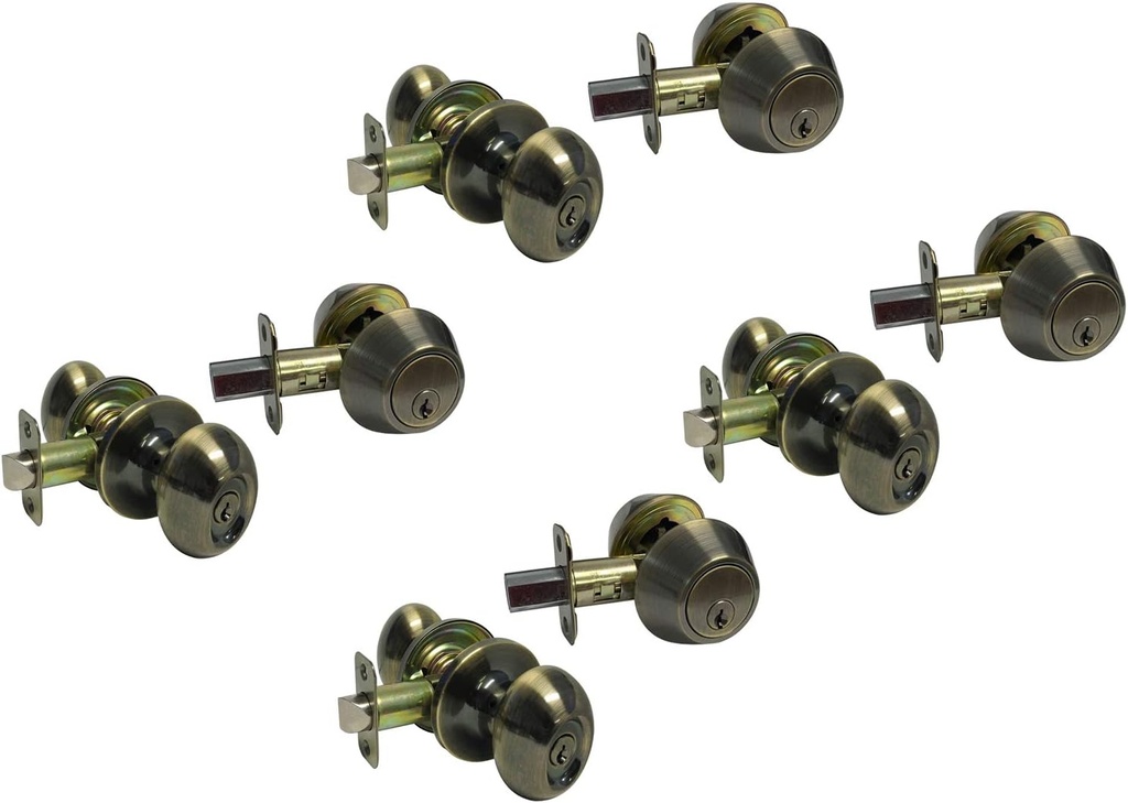 Antique Brass Entry Entrance Oval Egg Shaped Knob Handle with Matching Double Cylinder Deadbolt (keyed on Both Sides) Combo Pack Keyed Alike 6093AB (4 Set)
