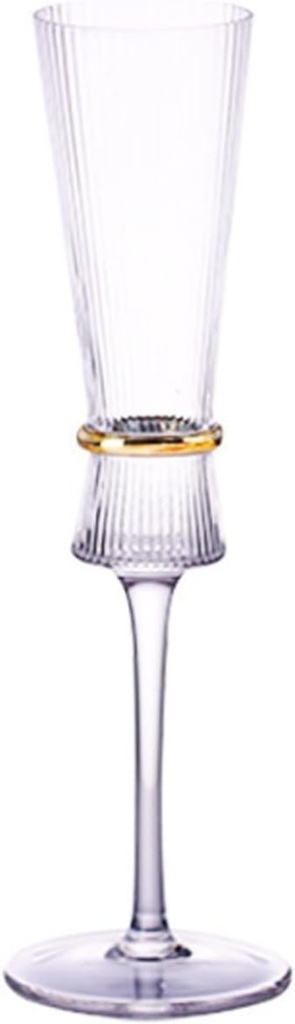 Ribbed long handled champagne glass with gold decoration, used as a lead-free transparent high footed glass for weddings and engagements(clear,26 * 5.4 * 7.4)
