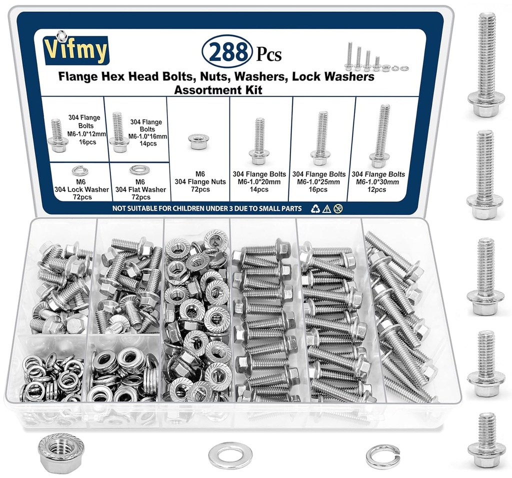 M6-1.0 Bolt x (Length 20/25/30mm) 304 Stainless Steel Flange Head Bolts Assortment Kit (288 Pack) with 6mm Bolt, Serrated Flange Nuts, Washers, Full Thread