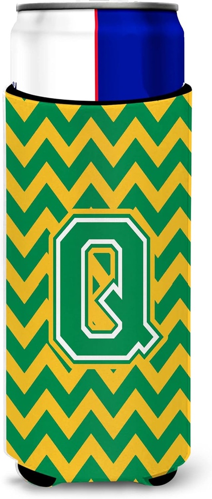 Letter Q Chevron Green and Gold Ultra Beverage Insulators for slim cans
