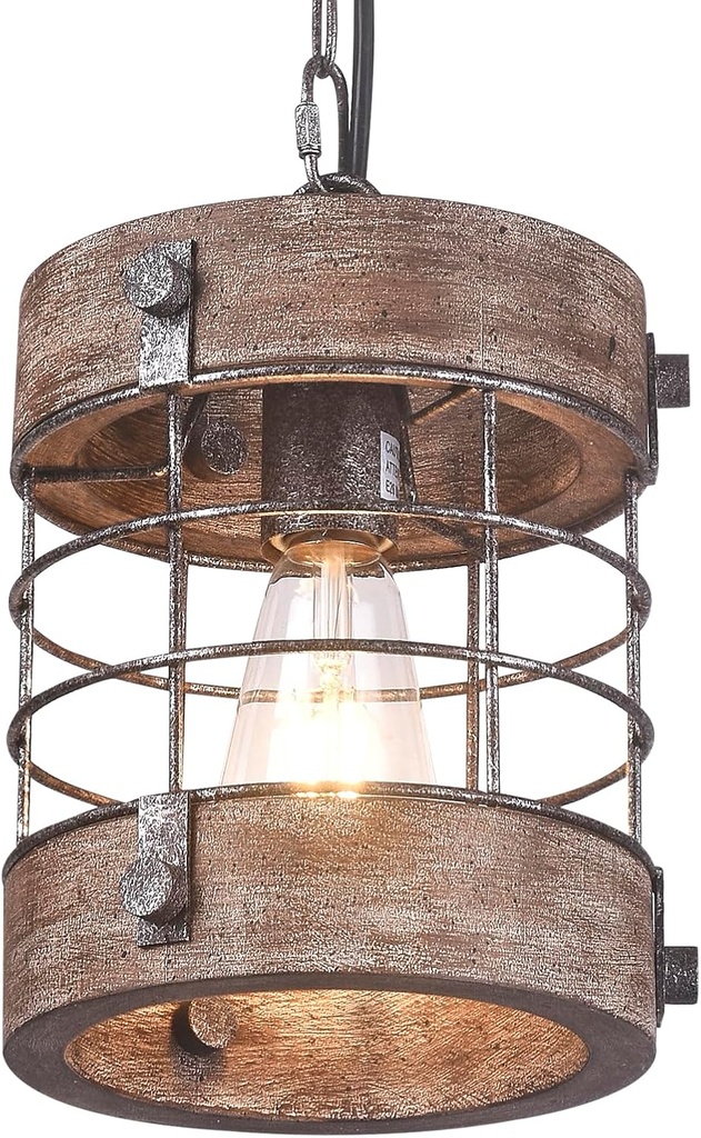 Farmhouse Pendant Light, Rustic Hallway Light Fixtures, Industrial Metal and Wood Chandelier 1-Light Round Cage, for Kitchen Island Foyer Hallway Bar Dining Room Entryway, D 7.9" X H 8.7" (Sliver)