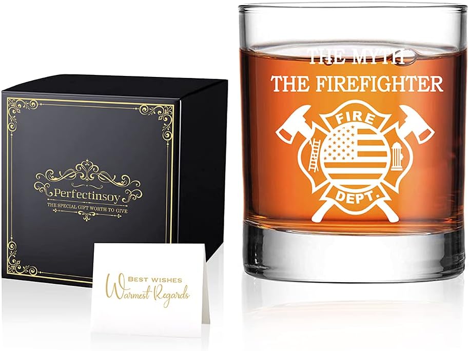 Perfectinsoy The Man The Myth The Firefighter Whiskey Glass with Gift Box, Firefighter Gifts, Fireman Retirement Gifts, Fireman Graduation, Fathers Day Gift for Fire Fighter …