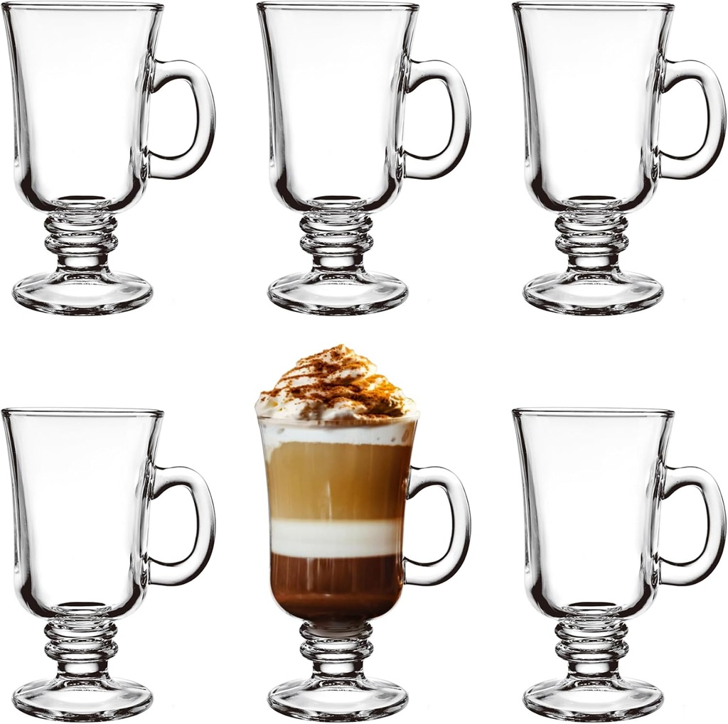 Set of 6 Irish Coffee Mugs, 8 Oz Glass Footed Espresso Cups with Handles, Clear Goblet Mugs Glasses for Coffee, Latte, Cappuccino, Smoothie, Hot Cold Beverages