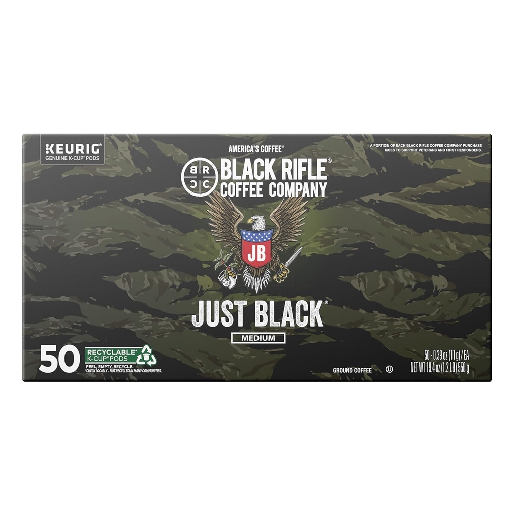 Black Rifle Coffee Company Just Black, 50 Count, Medium Roast K Cups - Single Serve K Cups Coffee Pods - Kcup Pods Compatible with 1.0 & 2.0 - Made from Arabica Beans