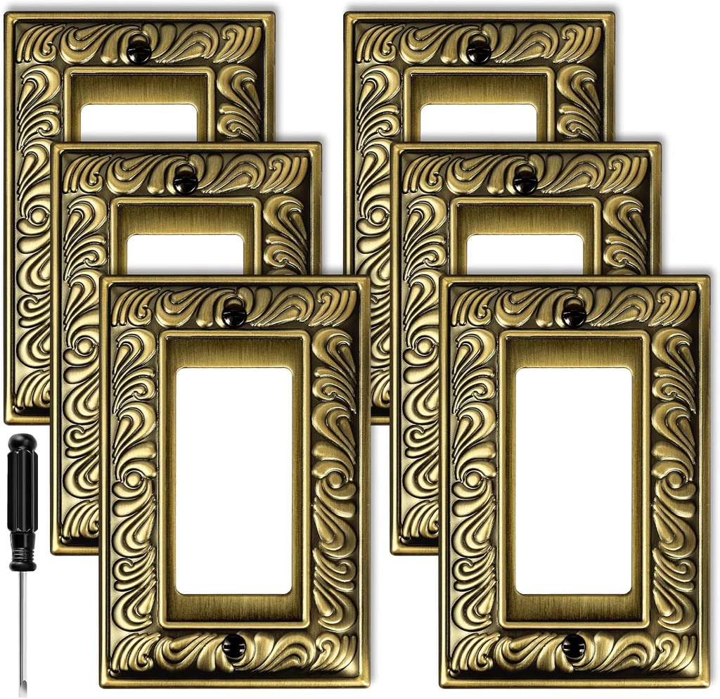 Antique Brass Decorative Decorator Light Switch Covers Wall Plate Rocker Switch Plates Outlet Covers Metal Material Wall Plates for Kitchen Bathroom (1 Gang Single Decorator-6 Pack)