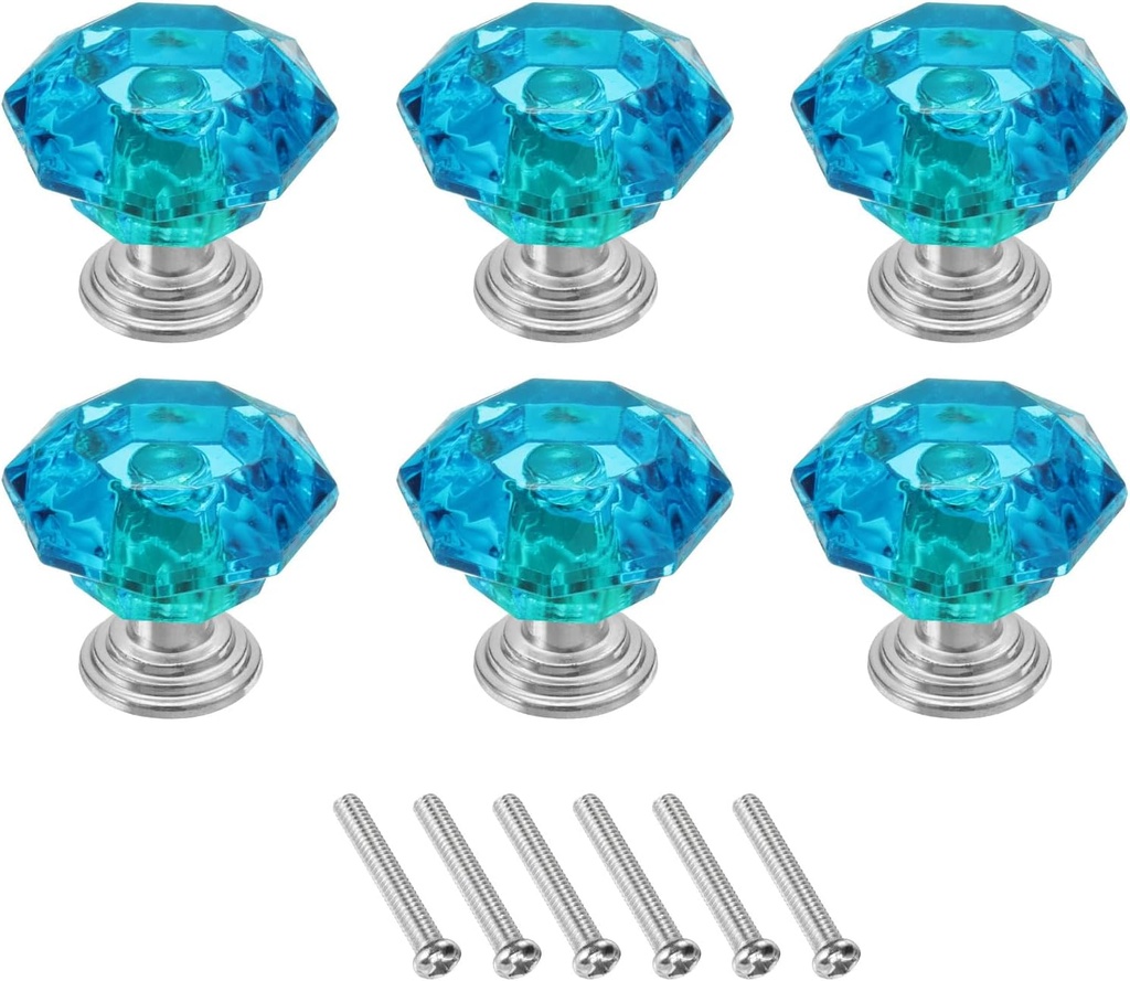 uxcell 6 Pcs Crystal Cabinet Knobs 24 mm Drawer Pulls Crystal Drawer Knobs for Cabinet, Cupboard, Wardrobe, Dresser, Blue Green/Silver