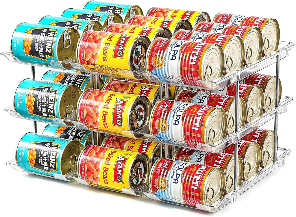 Can Organizer for Pantry， Stacking Can Storage Organizer Pantry，Automatic Can Rack for Fridge, 3Tire 3 Columns Can Holder for 36 Cans, Canned Goods Organizer