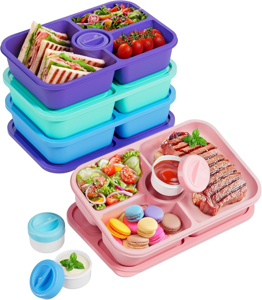 4 Pcs Bento Snack Box Containers, 4 Compartment Divided Stackable Food Storage Containers with Lids, Meal Prep Lunch Container with Sauce Cups