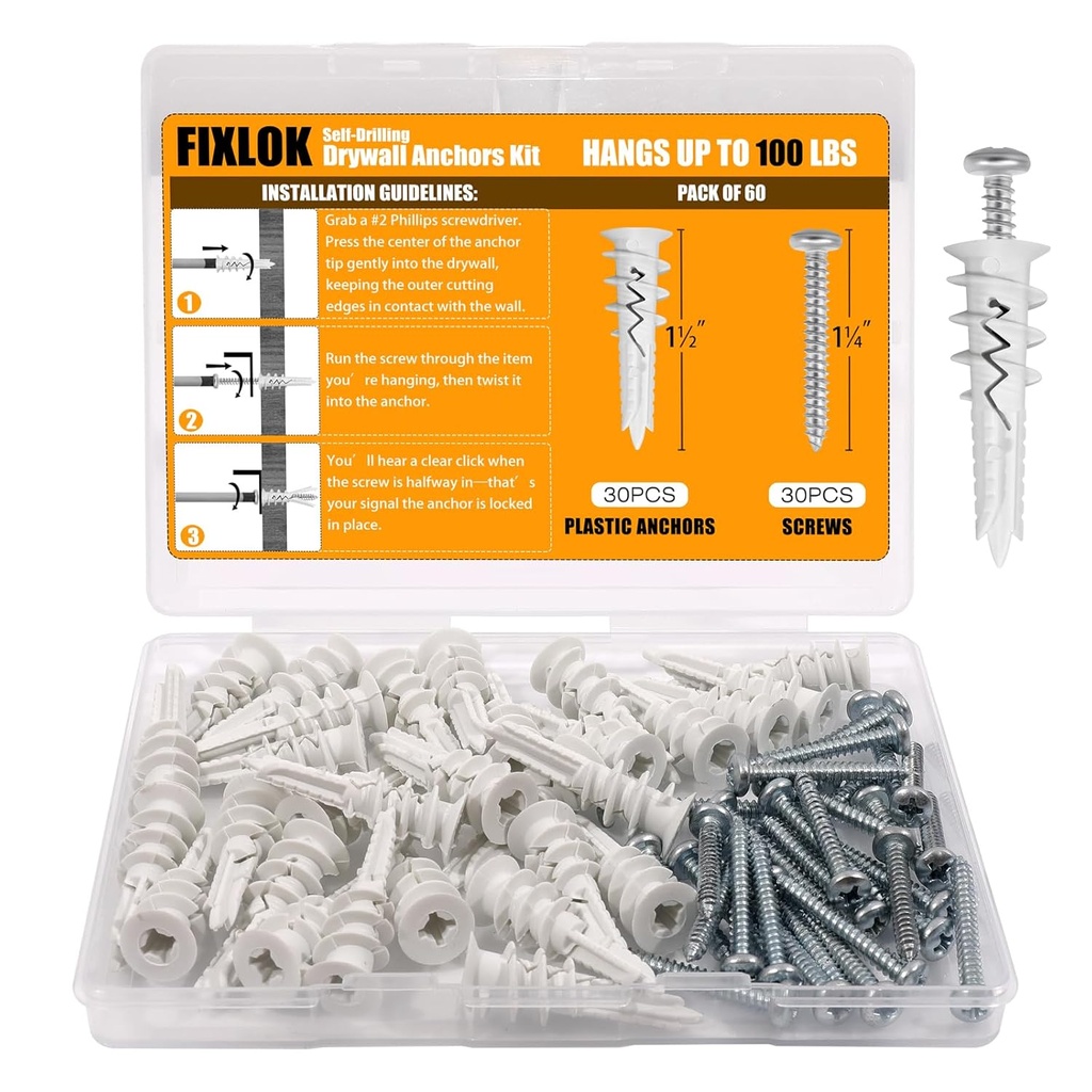 60PCS #8 Self Drilling Drywall Anchors with Screws Kit - 30#8×1-1/4" Screws and 30 Nylon Anchors,No Pre-Drill Required,100LBS Heavy Duty Wall Anchors for Hanging