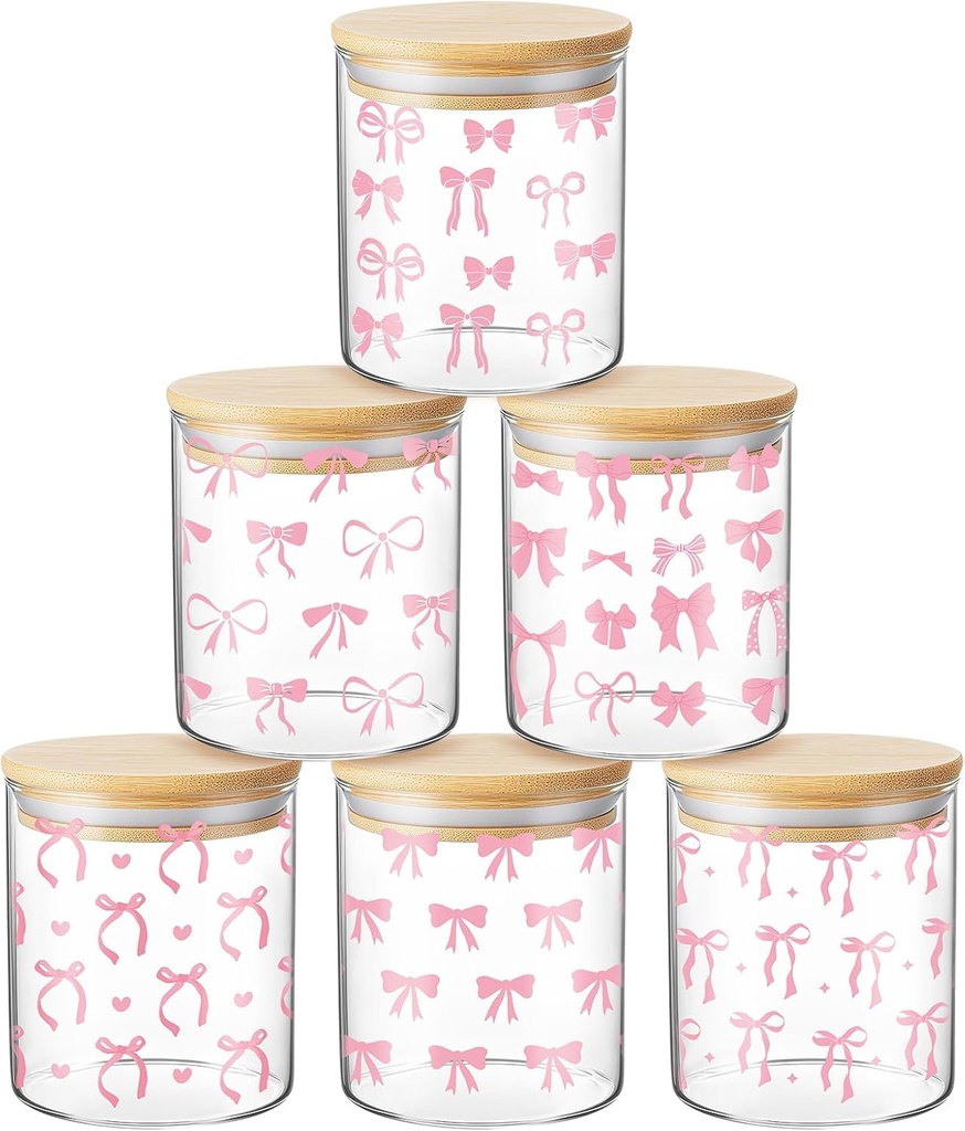 6 Pack Pink Bow Glass Storage Containers with Airtight Bamboo Lid 15oz Cute Food Storage Jars Organizers for Overnight Oats, Kitchen Cookie, Coffee Bean, Dry Goods, Candy, Tea