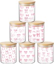 6 Pack Pink Bow Glass Storage Containers with Airtight Bamboo Lid 15oz Cute Food Storage Jars Organizers for Overnight Oats, Kitchen Cookie, Coffee Bean, Dry Goods, Candy, Tea