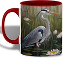 Great Blue Heron Art Coffee Mug, Wildlife Bird Lover Mug, Marsh Scene with Water Lilies & Reeds, Nature-Inspired Drinkware for Outdoor Enthusiasts, Ceramic Cup with Red Handle – Spring & Summer