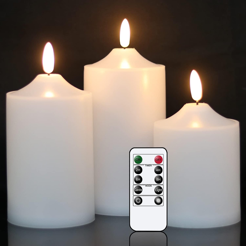 Eldnacele Waterproof Outdoor Flameless Flickering LED Candles with Timer Remote, Battery Operated 3D Wick Plastic Pillar Candles Pack of 3 for Indoor Outdoor Decoration, D3'x H4'x W5'