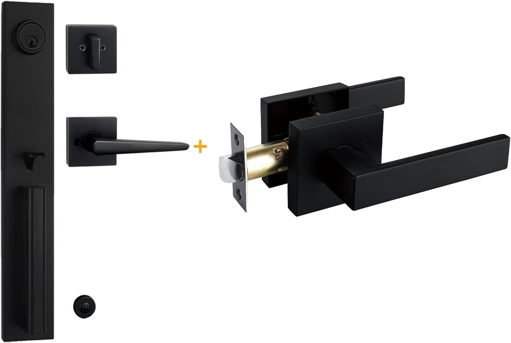 NEWBANG （Keyed Handleset for Front Door + (1 Pack) Passage Door Lever in Matte Black Finish