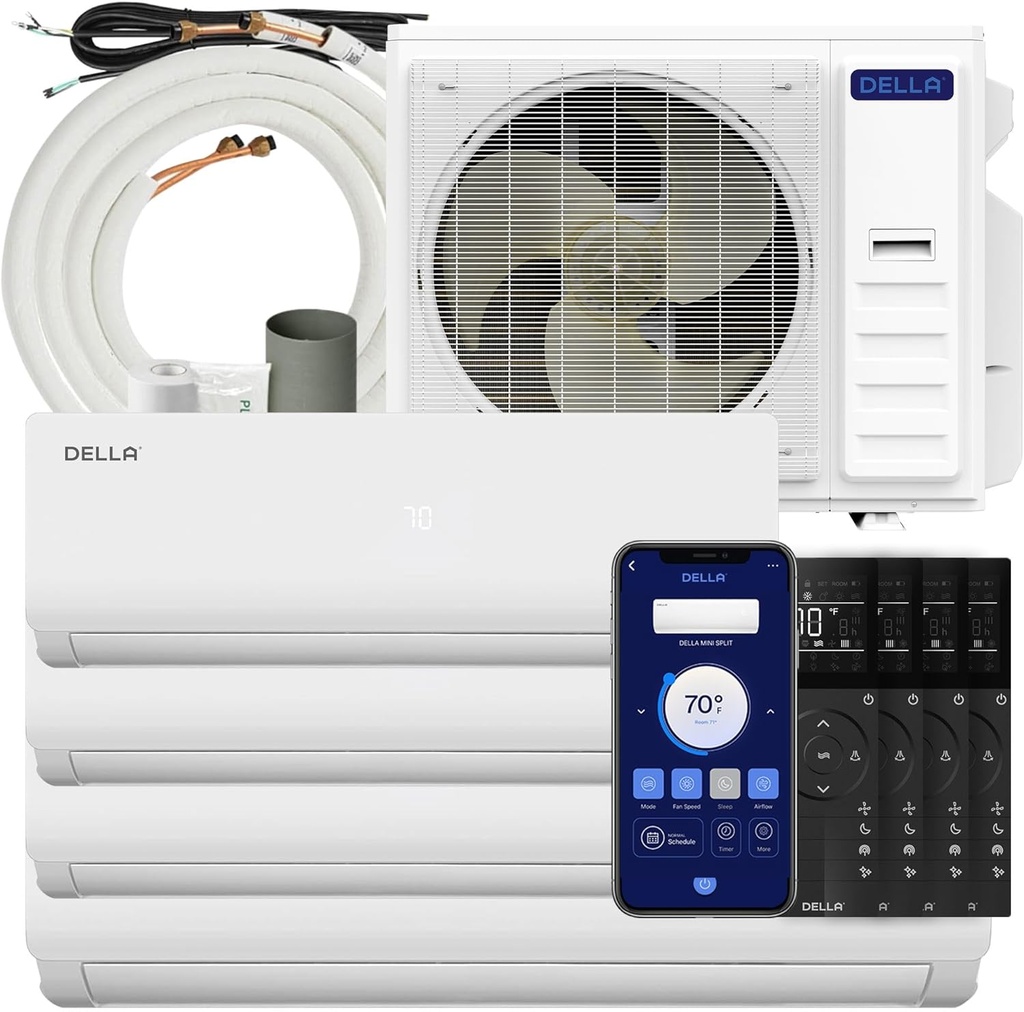 Della 36K BTU ODU Quad 4 Zone (9K 9K 12K 18K) Mini Split 20 SEER2 208-230V Cools Up to 2350 Sq.Ft, Works with Alexa, Wifi Energy Efficient Multi Zone Air Conditioner Pre-Charged Heat Pump Full Set