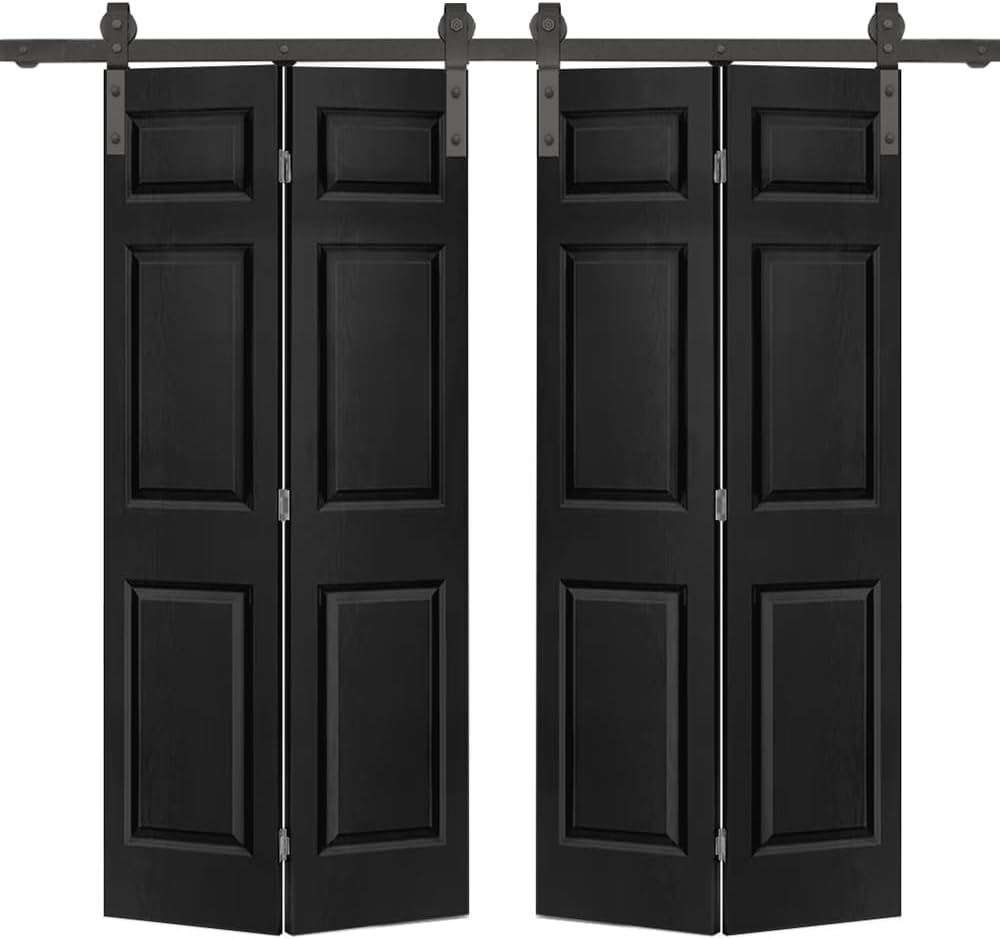 60 in. x 80 in. 6 Panel Black Painted MDF Composite Double Bi-Fold Barn Door with Sliding Hardware Kit