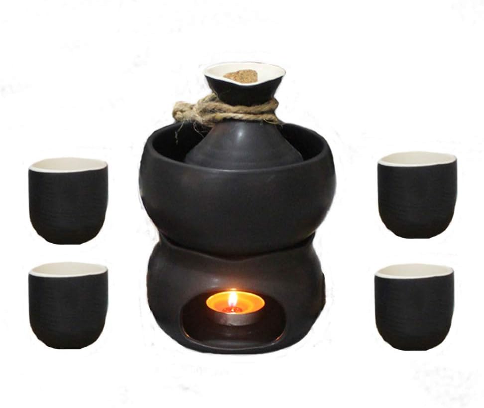 Ceramic Sake Set, Japanese-Style Black 7 Piece Wine Glass Set with Warming Pot and Candle Stove, Quaint Texture, for Home Decor Best Gift for Family and Friends-Dinnerware Sets
