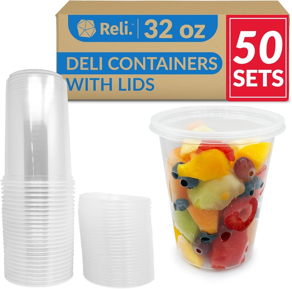 Reli. Deli Containers with Lids (50 Sets), 32 oz | Plastic Deli Containers with Lids 32oz | Disposable To Go Food Storage | Microwave & Freezer Safe (Clear)