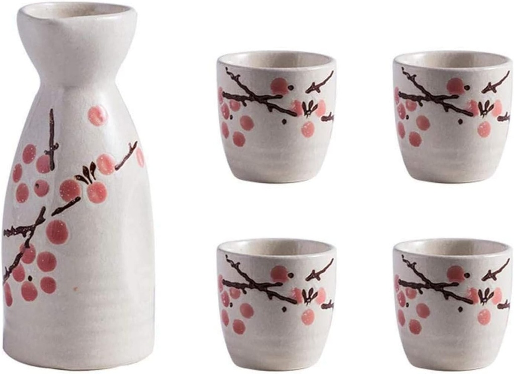 Sake Wine Set, Wine Glass,5 Pieces Sake Set, Plum Blossom Wine Glasses Set, Japanese Traditional Hand Painted Design Porcelain Pottery Ceramic Cups Crafts Wine Glasses Set,Home Decor