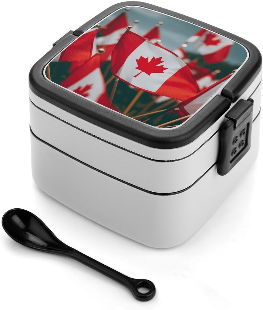 Bento Box Stackable Lunch Box with 2 Compartments Leak-Proof Food Storage Containers Many Small Canadian Flags Bento Lunch Box for Adults Lunch Containers with Utensil Set