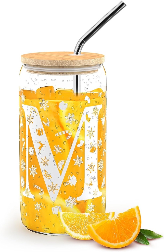 Christmas Initial Glass Cups, 16oz Tumbler Drinking Glass with Lid and Straw, Reusable Glass Mason Jars Cup Party Decor New Year Gift Personalized Christmas Gift for Women Men